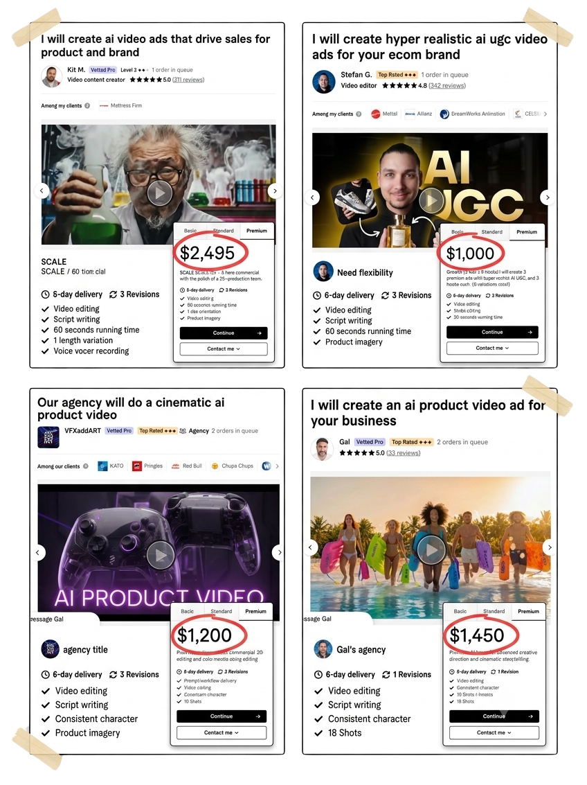Freelancer gig listings charging $1,000 to $2,495 for AI product video services